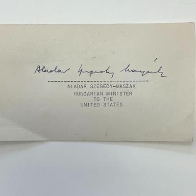 Hungarian Minister to the United States Aladar Szegedy-Maszak original signature