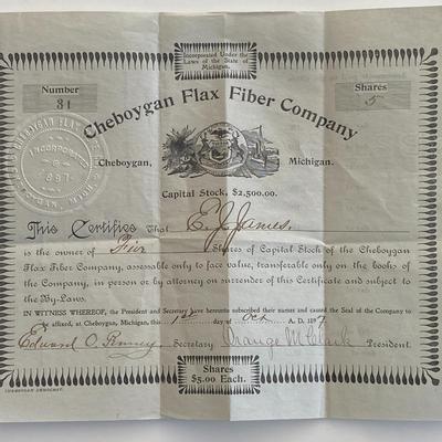 Cheboygan Flax Fiber Company signed certificate