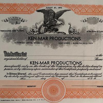 Ken-Mar Productions stock certificate. 8x11 inches