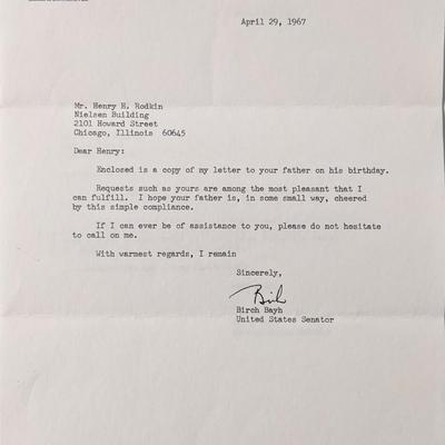 Senator Birch Bayh Signed Letter