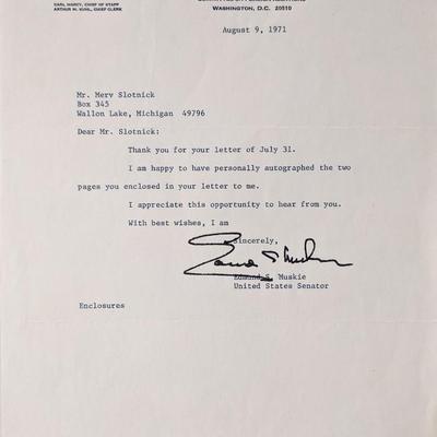 US Senator Edmund Muskie signed letter