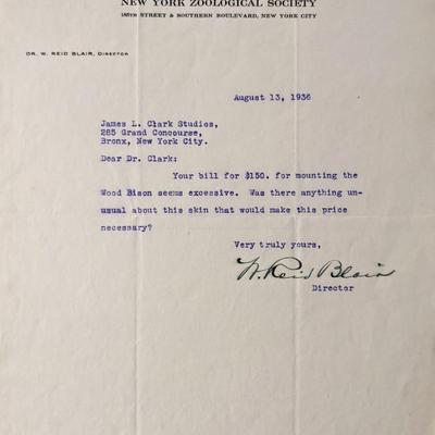 Zoologist William Reid Blair signed letter
