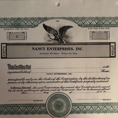 Nancy Enterprises stock certificate