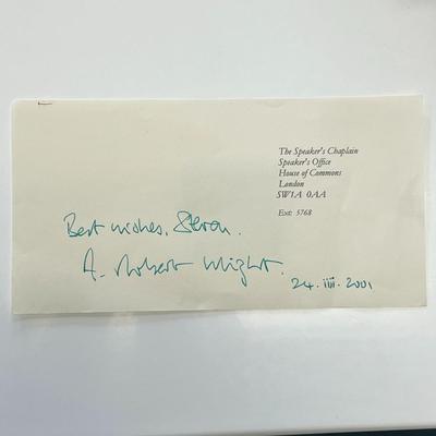 Chaplain to the Speaker of the House of Commons Robert Wright signed note