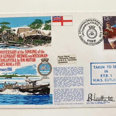 WWI Royal Navy 60th Anniversary Sinking of German Gunboat Hedwig Von Weissman Lieut. Cdr. B Westlake Signed Commemorative First Day Cover...