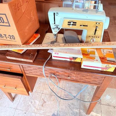 Lot 3: Singer Sewing Machine, Supplies,Tv stand & more