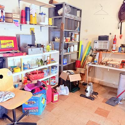 Sale Photo Thumbnail #33: - Tall metal shelf stays 
- White table on right is ours and the shelving in it isn’t included as well. 
- Shelf screwed into wall are not included. 

NO CHERRY PICKING or taking ONLY the items you want and leaving the rest! Please arrive with enough ti