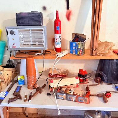 Sale Photo Thumbnail #39: - Tall metal shelf stays 
- White table on right is ours and the shelving in it isn’t included as well. 
- Shelf screwed into wall are not included. 

NO CHERRY PICKING or taking ONLY the items you want and leaving the rest! Please arrive with enough ti