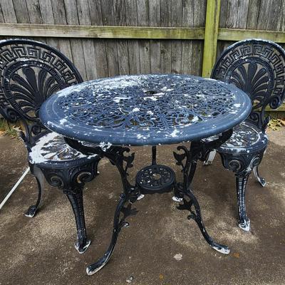 Sale Photo Thumbnail #40: Wrought Iron-look Metal Bistro w/2 chairs 47"W x 27 1/4"H (Chairs 33"H x 17"W)