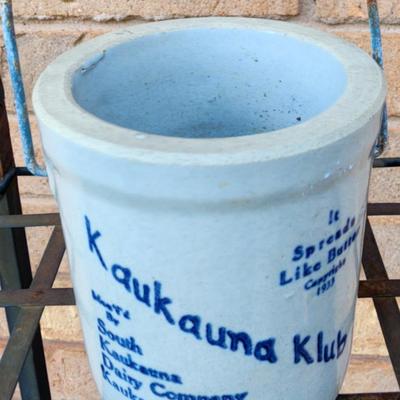 Sale Photo Thumbnail #47: Small Dairy Butter Crock w/handle Kaukauna Klub 3 1/2"W x 3 1/2"H