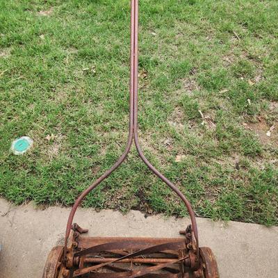 Sale Photo Thumbnail #131: Antique Reel Type Push Mower - wheels are rusted and don't turn at the present time