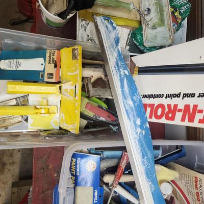 Sale Photo Thumbnail #184: Lot of paint brushes, rollers, roller handles, Wagner Paint-N-Roll, caulk guns, paint scrapers, etc. (container not included)