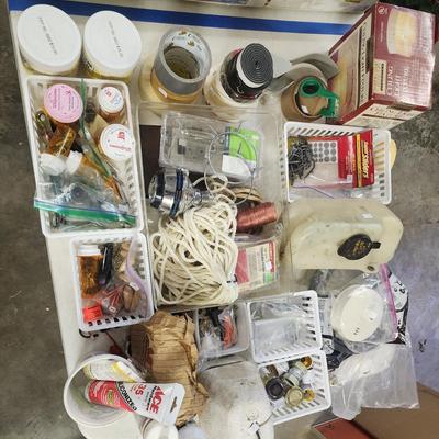 Sale Photo Thumbnail #199: Lot of misc items including tape, light fixture, caulk, nuts, bolts, screws, rope, string, washing machine hose, water faucet covers, hinges, etc.