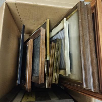 Sale Photo Thumbnail #222: Box of assorted picture frames and pictures of various sizes, 2 cork boards