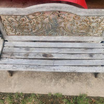 Sale Photo Thumbnail #238: Wrought Iron and Wood Outdoor Bench w/Angel and Fruit design