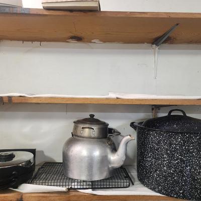 Sale Photo Thumbnail #299: Waffle maker, silver teapot, Enamelware large round pot w/lid
