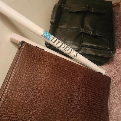 Sale Photo Thumbnail #341: Lot of leather briefcase, cassette carry case, 2 yard sticks, 2 posters, hole punches, mini staplers, gold metal box, leather binder