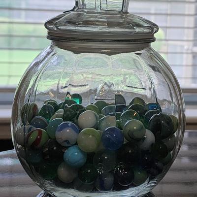 Sale Photo Thumbnail #424: Jar of vintage marbles w/lid