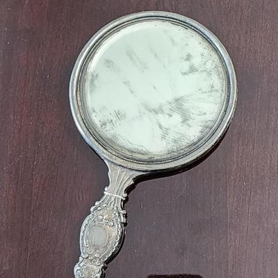 Sale Photo Thumbnail #435: Antique silver-plate hand mirror w/letter "E" monogram on back
