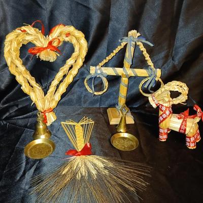 Lot of 6 Scandinavian Folk Art Straw Ornaments & Brass Bells