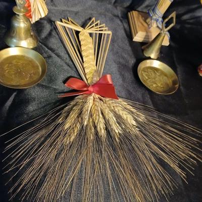 Lot of 6 Scandinavian Folk Art Straw Ornaments & Brass Bells