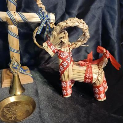 Lot of 6 Scandinavian Folk Art Straw Ornaments & Brass Bells