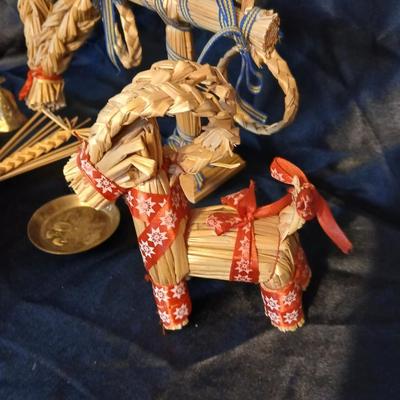 Lot of 6 Scandinavian Folk Art Straw Ornaments & Brass Bells