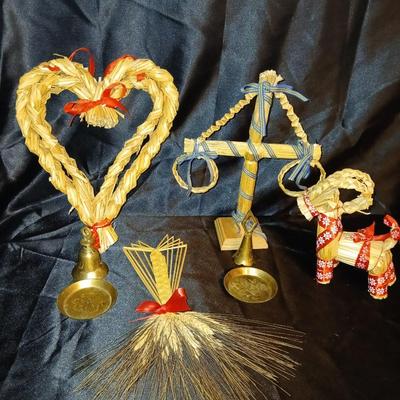 Lot of 6 Scandinavian Folk Art Straw Ornaments & Brass Bells