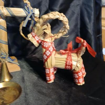 Lot of 6 Scandinavian Folk Art Straw Ornaments & Brass Bells