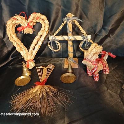 Lot of 6 Scandinavian Folk Art Straw Ornaments & Brass Bells