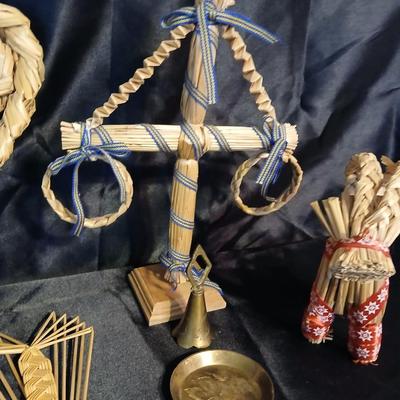 Lot of 6 Scandinavian Folk Art Straw Ornaments & Brass Bells