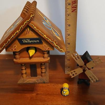 Lot of 3 Swedish Folk Art-Inspired Wood Décor Items – “Välkommen” Chalet, Windmill & Doll