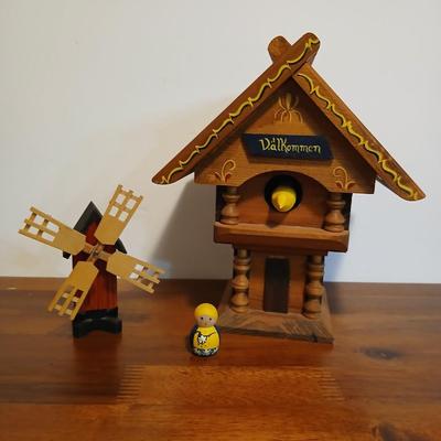 Lot of 3 Swedish Folk Art-Inspired Wood Décor Items – “Välkommen” Chalet, Windmill & Doll