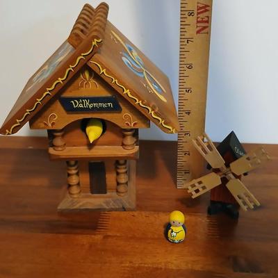 Lot of 3 Swedish Folk Art-Inspired Wood Décor Items – “Välkommen” Chalet, Windmill & Doll