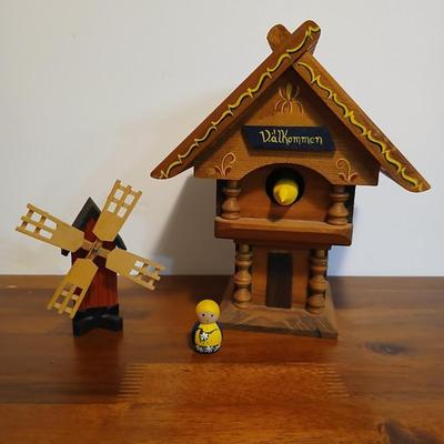 Lot of 3 Swedish Folk Art-Inspired Wood Décor Items – “Välkommen” Chalet, Windmill & Doll