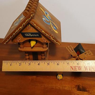 Lot of 3 Swedish Folk Art-Inspired Wood Décor Items – “Välkommen” Chalet, Windmill & Doll