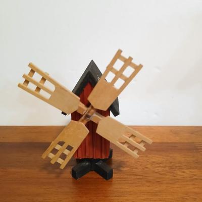 Lot of 3 Swedish Folk Art-Inspired Wood Décor Items – “Välkommen” Chalet, Windmill & Doll