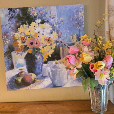 Canvass Floral Wall Art & Faux Flower Arrangement – Spring Decor Pair