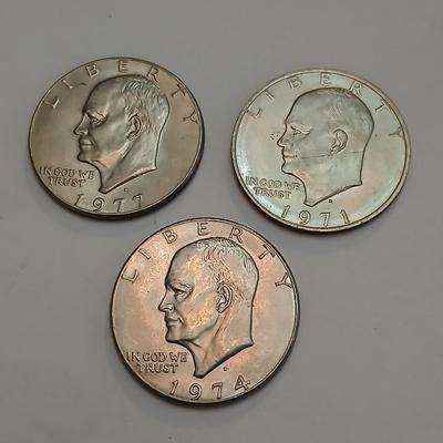 Lot of 3 Eisenhower Dollars – 1971, 1974-D, 1977 – Circulated