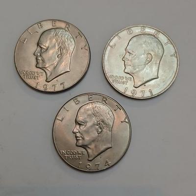 Lot of 3 Eisenhower Dollars – 1971, 1974-D, 1977 – Circulated