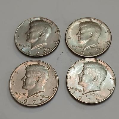 4 Kennedy Half Dollars – 1972 & 1974 – Circulated
