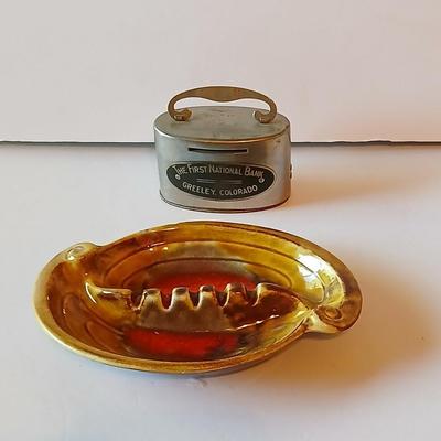 First National Bank Greeley Colorado Metal Coin Bank & Mid-Century Glazed Ashtray