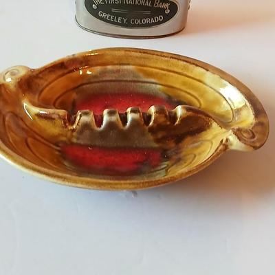 First National Bank Greeley Colorado Metal Coin Bank & Mid-Century Glazed Ashtray