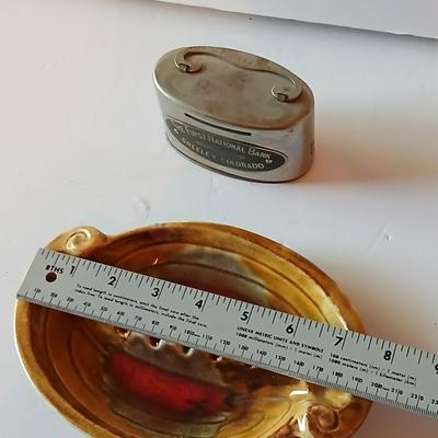 First National Bank Greeley Colorado Metal Coin Bank & Mid-Century Glazed Ashtray