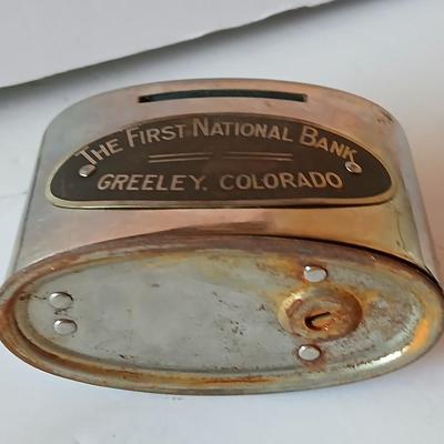 First National Bank Greeley Colorado Metal Coin Bank & Mid-Century Glazed Ashtray