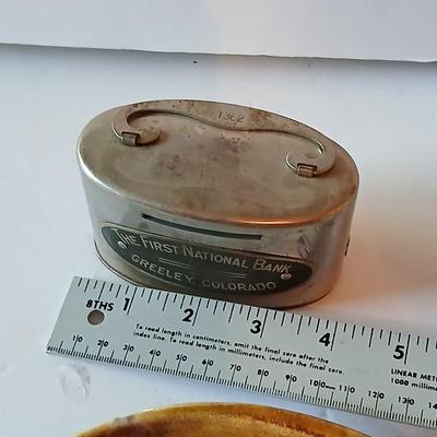 First National Bank Greeley Colorado Metal Coin Bank & Mid-Century Glazed Ashtray