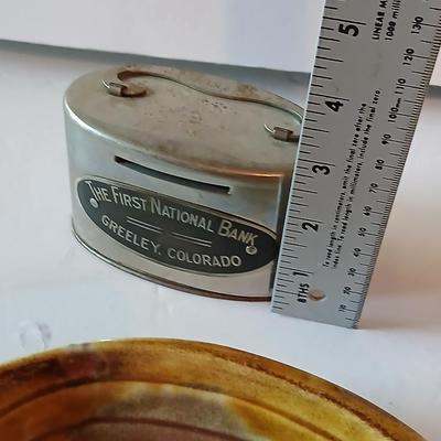 First National Bank Greeley Colorado Metal Coin Bank & Mid-Century Glazed Ashtray