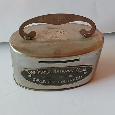 First National Bank Greeley Colorado Metal Coin Bank & Mid-Century Glazed Ashtray