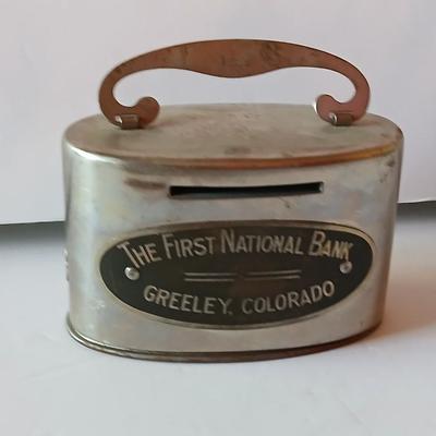 First National Bank Greeley Colorado Metal Coin Bank & Mid-Century Glazed Ashtray