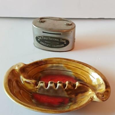 First National Bank Greeley Colorado Metal Coin Bank & Mid-Century Glazed Ashtray